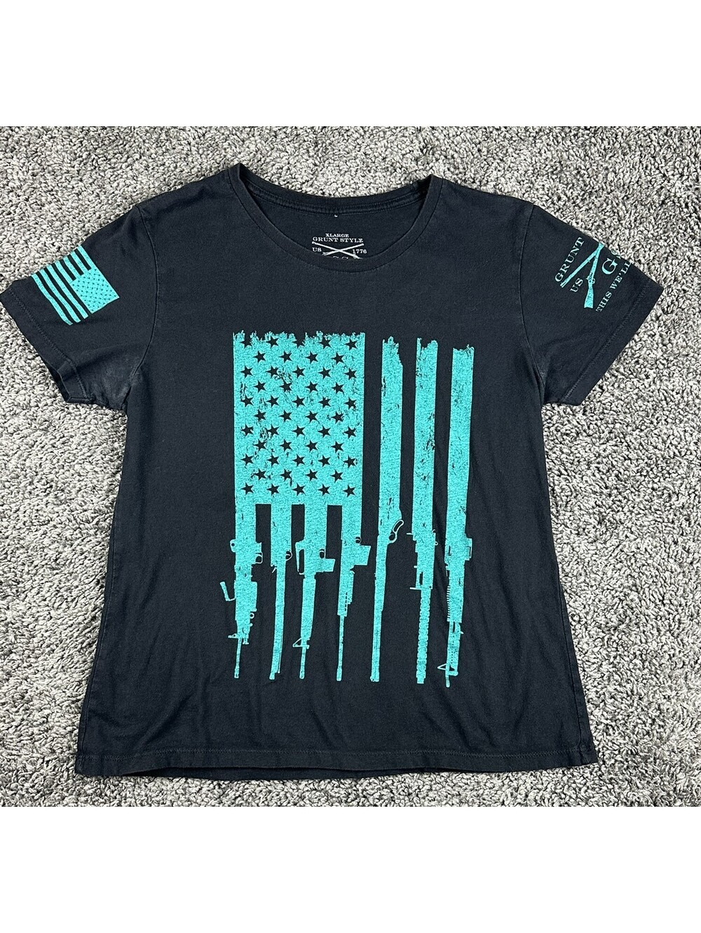 Grunt Style Black Teal Rifle Flag Graphic T Shirt 2nd Amendment USA Sz Youth XL